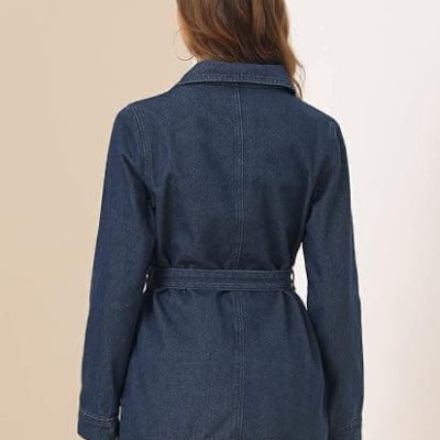 Woman's Jean Button Up Long Sleeves Washed Casual Denim Jacket
