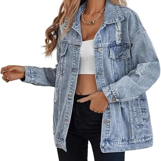 Women's long oversized denim jacket boyfriend ripped distressed jean jackets coat