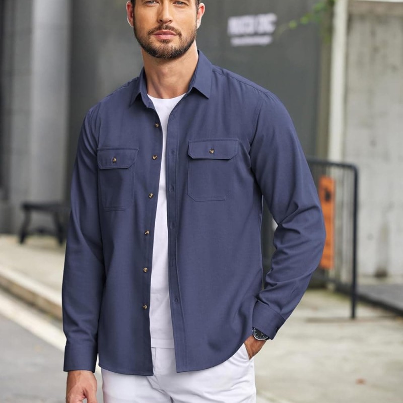 Mens Casual Button Down Shirts Long Sleeve Wrinkle-Free Shirt Lightweight Shirt Jacket