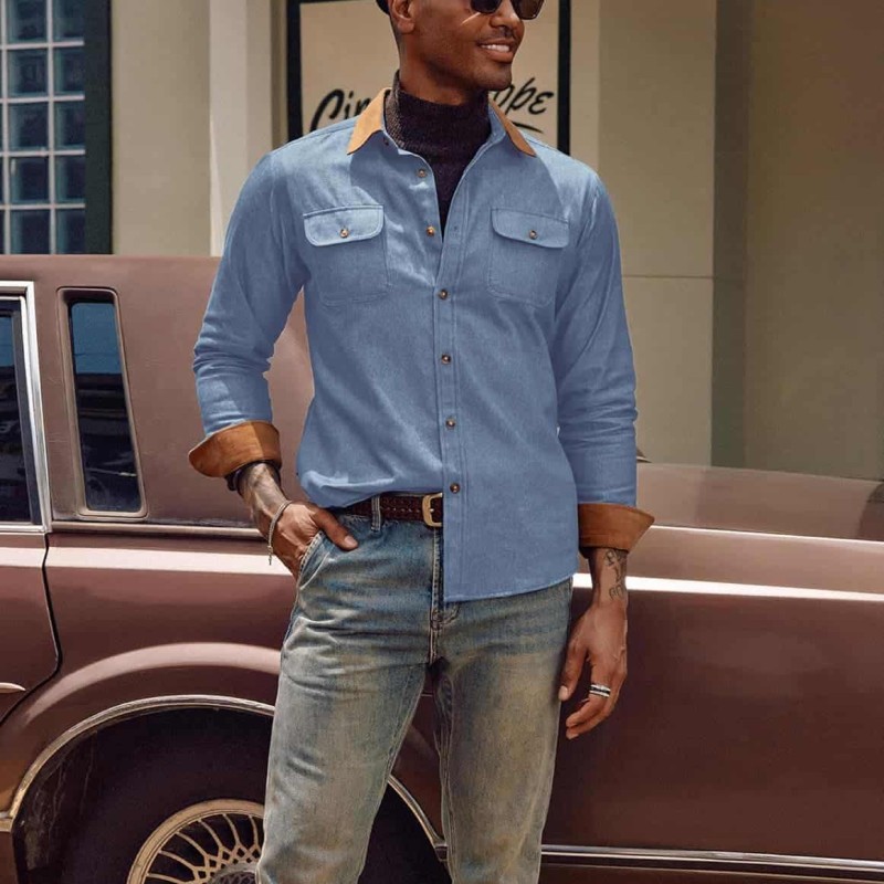 Men's Vintage Denim Shirt Long Sleeve Lapel Collar Jean Shirts Cotton Button Down Shirt